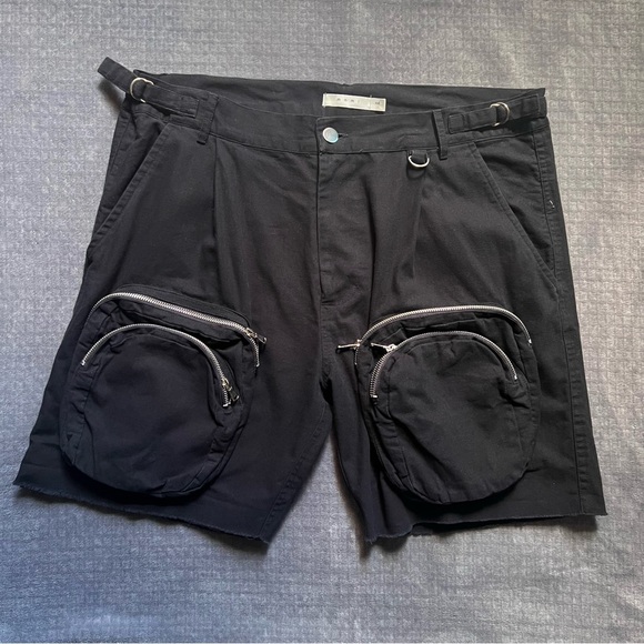 mnml Cargo Shorts XXL Black Cotton Front Zipper Pockets Grunge Streetwear Beach - Picture 2 of 12